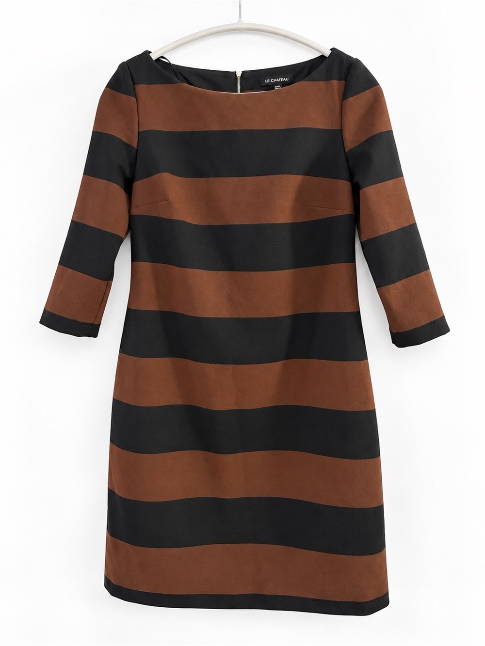 Le Château Brown Black Striped Shift Dress 3/4 Sleeve